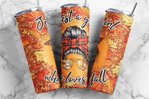 20oz Skinny Tumbler Just a Girl who loves Fall Sublimation Design, Glitter Autumn Pumpkin Straight/Warped PNG Digital Download Sublimation TumblersByPhill 