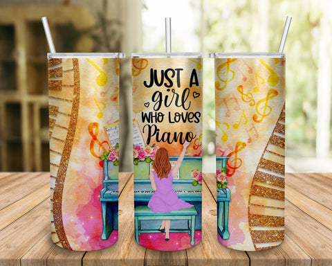20oz Skinny Tumbler Just a Girl who loves Piano Sublimation Design, Musical Piano Girl Tumbler Sublimation BOO-design 