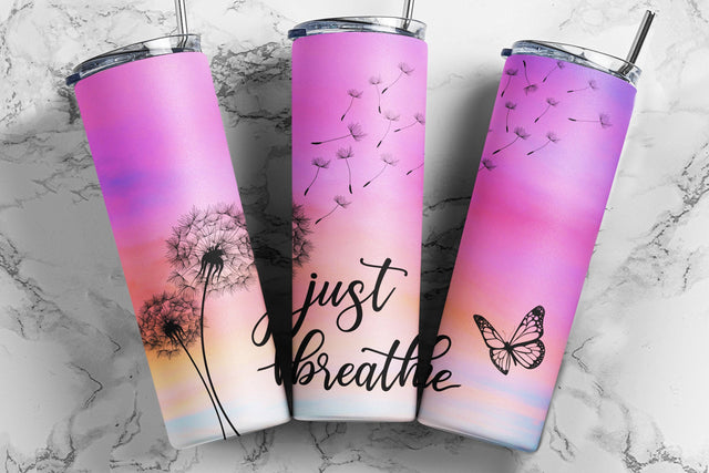 20oz Skinny Tumbler Just Breathe Sublimation Design Template, Inspirational Butterfly Tumbler Wrap, Dandelion Tumbler PNG Instant Download Sublimation TumblersByPhill 