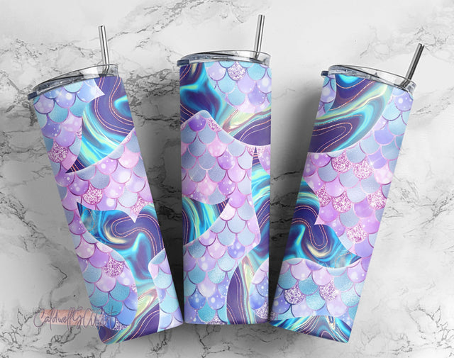 20oz Skinny Tumbler Kids Mermaid Designs Template Straight PNG File Download Mermaid Tails Under Sea Scales tumbler design Sublimation CaldwellArt 