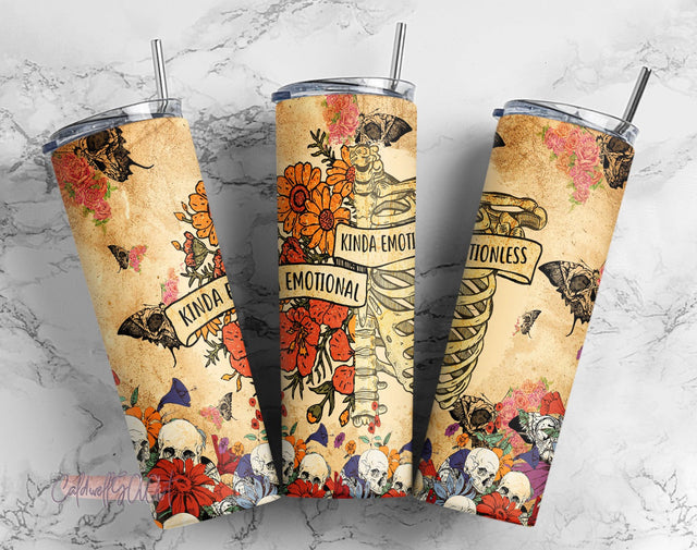 20oz Skinny Tumbler Kinda Emotional Kinda Emotionless Skull Flower Butterfly tumbler PNG Sublimation CaldwellArt 