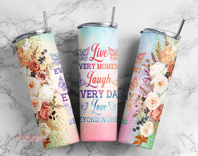 20oz Skinny Tumbler Live laugh love Inspirational Sublimation Design, Boho Flowers Butterfly Tumbler Straight/Warped PNG Instant Download Sublimation CaldwellArt 