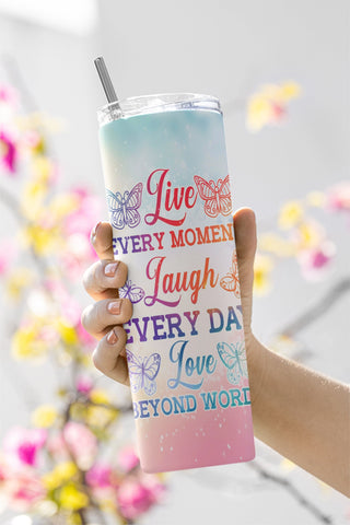 20oz Skinny Tumbler Live laugh love Inspirational Sublimation Design, Boho Flowers Butterfly Tumbler Straight/Warped PNG Instant Download Sublimation CaldwellArt 