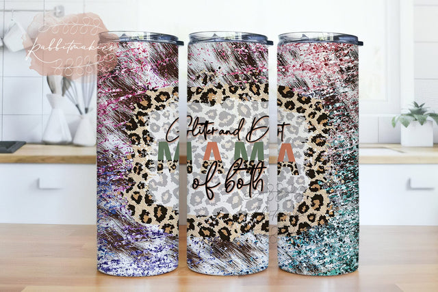 20oz Skinny Tumbler Mama Glitter & Dirt Mom of Both Leopard Cheetah Glitter Sublimation Designs Template Straight PNG Sublimation Rabbitmakies 