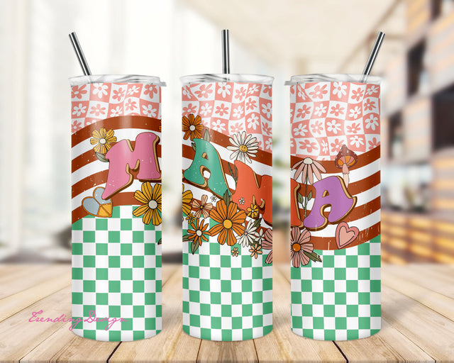 20oz Skinny Tumbler MAMA Retro Flower Print Sublimation Designs Template Straight PNG File Sublimation TrendingDesign 