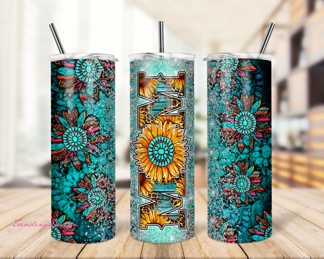 20oz Skinny Tumbler MOM Western Sunflower Turquoise Gem PNG Sublimation Designs, Teal Turquoise Gemstone Sunflower Tumbler Instant Download Sublimation TrendingDesign 