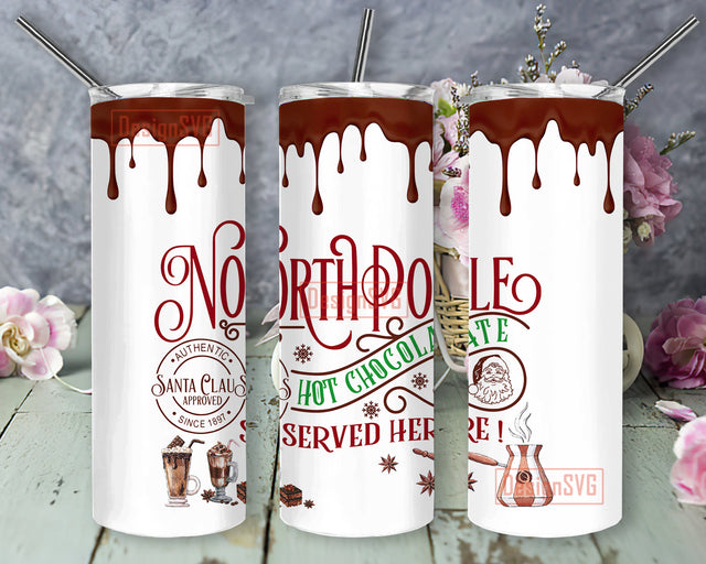 20oz Skinny Tumbler North Pole Hot Chocolate, Christmas Hot Chocolate Tumbler Png, Santa Claus Design Png, Christmas Snowflakes Sublimation Design, Digital Download Sublimation DesignSVG 