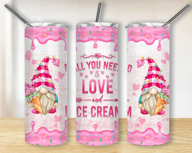 20oz Skinny Tumbler PNG Wrap, Seamless Gnome Sublimation Design Waterslide Download, Love and Ice Cream Straight Tapered PNG Sublimation BouDesign 