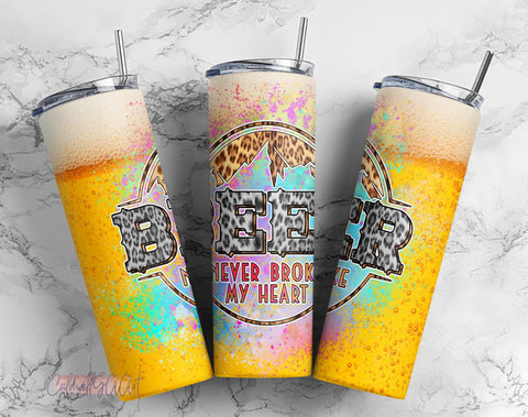 20oz Skinny Tumbler Png,Leopard Beer Tumbler ,20oz Slim Tumbler Full Wrap Sublimation Design Beer Never Broke My Heart Sublimation CaldwellArt 