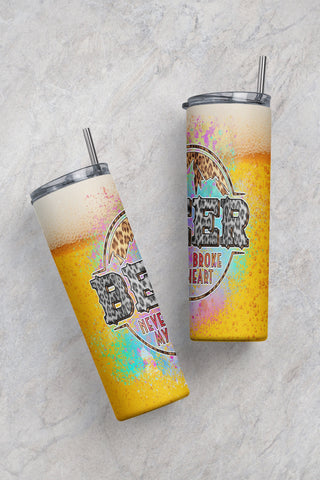 20oz Skinny Tumbler Png,Leopard Beer Tumbler ,20oz Slim Tumbler Full Wrap Sublimation Design Beer Never Broke My Heart Sublimation CaldwellArt 