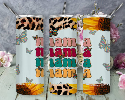 20oz Skinny Tumbler Retro Mama, Leopard Sunflower Tumbler Wrap, Butterfly Design Png, Mama Tumbler With Lid And Straw, Mother Day Gift, Digital Download Sublimation DesignSVG 