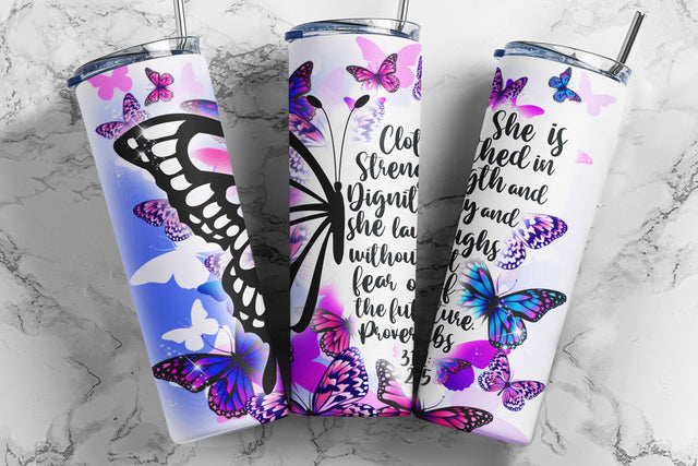 20oz Skinny Tumbler She is Clothed in Strength and Dignity Sublimation Design, Butterfly Christian Bible Verse Tumbler Straight/Warped PNG Sublimation TumblersByPhill 