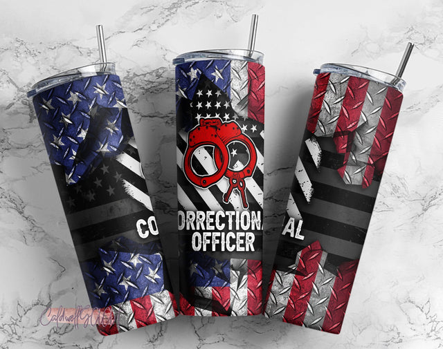 20oz Skinny Tumbler Silver Line Correctional Officer American Flag, USA Flag Metal Tumbler Wrap Png, tumbler PNG Sublimation CaldwellArt 