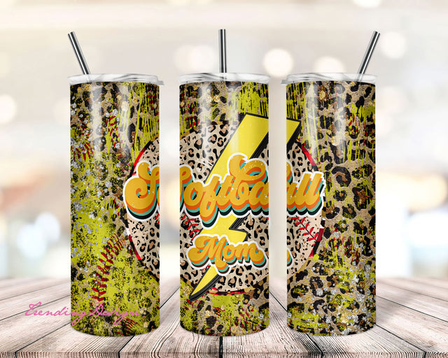 20oz Skinny Tumbler Softball Mom Designs Template Straight PNG File Download - Leopard Print Softball sport tumbler design Sublimation TrendingDesign 
