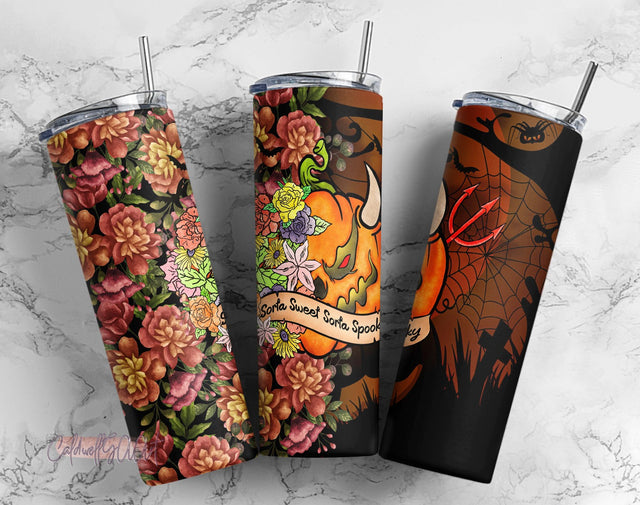 20oz Skinny Tumbler Sorta Sweet Sorta Spooky, Floral Pumpkin Butterfly, Spooky Halloween tumbler PNG Sublimation CaldwellArt 