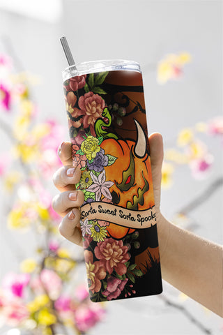 20oz Skinny Tumbler Sorta Sweet Sorta Spooky, Floral Pumpkin Butterfly, Spooky Halloween tumbler PNG Sublimation CaldwellArt 