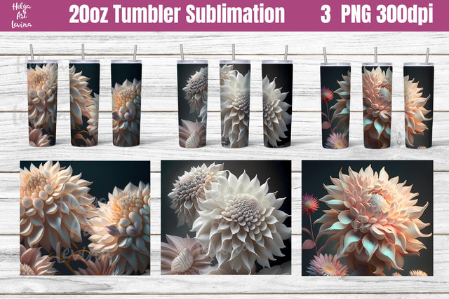 20oz Skinny Tumbler Sublimation. 3D Dahlias Sublimation Helga Art 