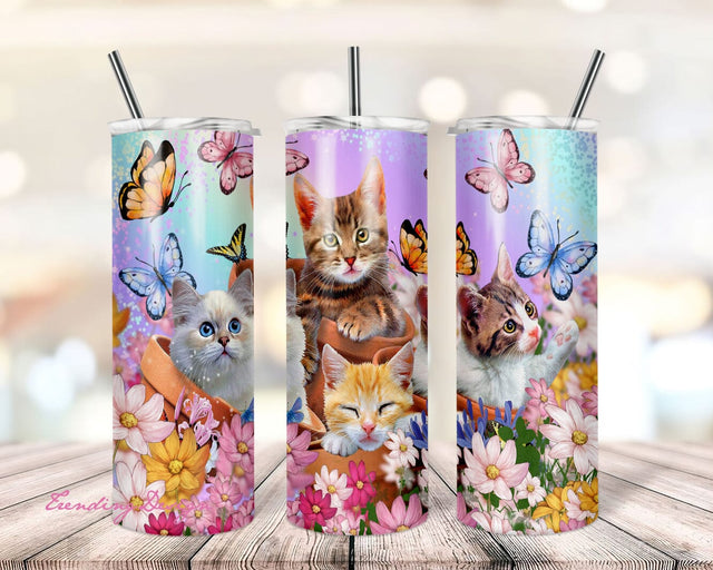 20oz Skinny Tumbler Sublimation and Frosted glass Cute Kitty Cat Flower Butterflies Rose flower Animals lover png cat lover png download Sublimation TrendingDesign 
