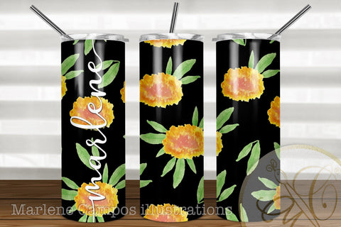20oz Skinny Tumbler Sublimation /Day of the Dead / Cempasuchil /Black BG Sublimation Marlene Campos 