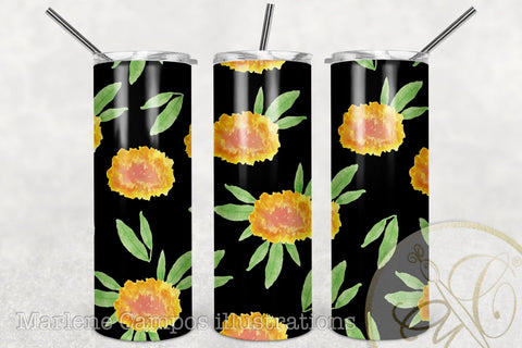 20oz Skinny Tumbler Sublimation /Day of the Dead / Cempasuchil /Black BG Sublimation Marlene Campos 