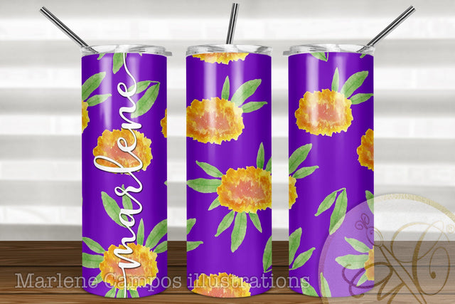 20oz Skinny Tumbler Sublimation /Day of the Dead / Cempasuchil Purple BG Sublimation Marlene Campos 