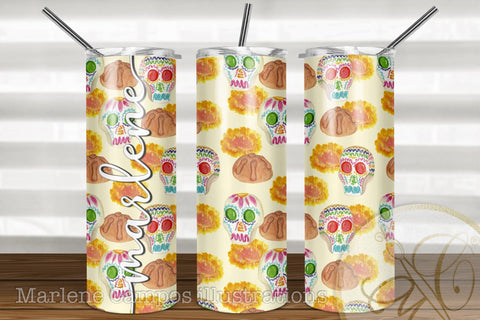 20oz Skinny Tumbler Sublimation /Day of the Dead / Sugar Skull / Cream BG Sublimation Marlene Campos 