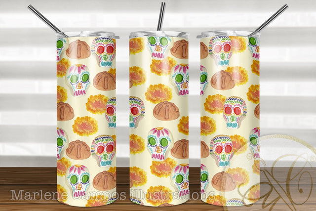 20oz Skinny Tumbler Sublimation /Day of the Dead / Sugar Skull / Cream BG Sublimation Marlene Campos 