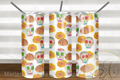 20oz Skinny Tumbler Sublimation /Day of the Dead / Sugar Skull / White BG Sublimation Marlene Campos 