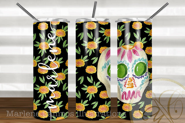 20oz Skinny Tumbler Sublimation /Day of the Dead / Sugar Skulls / Black Sublimation Marlene Campos 
