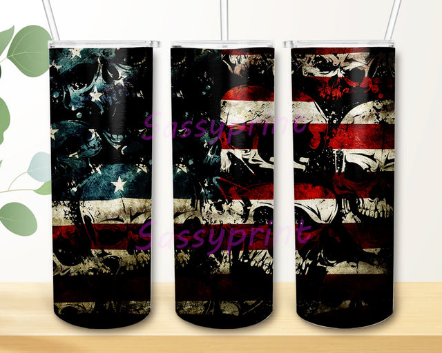 20oz Skinny Tumbler Sublimation Design American Flag Skull Template for Straight & Tapered Tumbler Wraps Templates - PNG Digital Sublimation sassyprint 
