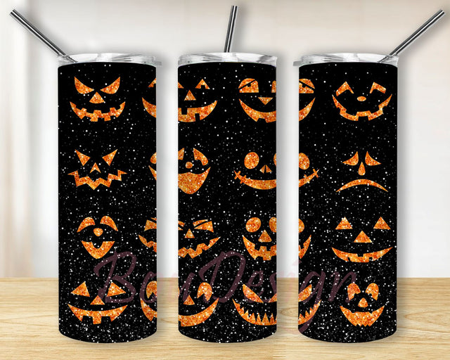 20oz Skinny Tumbler Sublimation Design Glitter Pumpkin Face Template for Straight & Tapered Tumbler Wraps Templates PNG Digital Download Sublimation BouDesign 