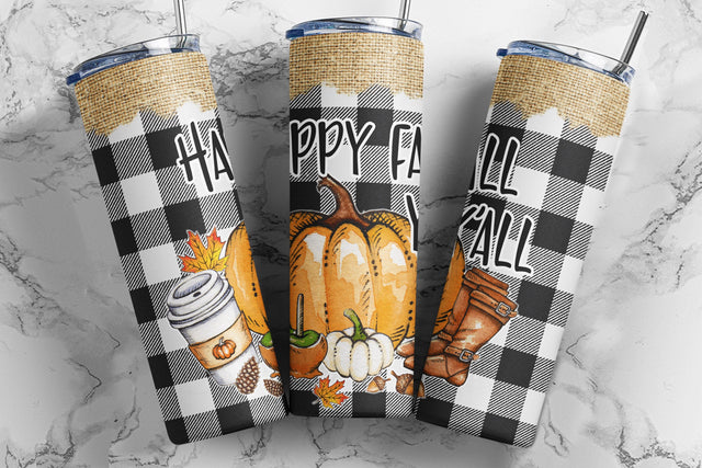 20oz Skinny Tumbler Sublimation Design Happy Fall Y'all Template for Straight & Tapered Tumbler Wraps Templates - PNG Instant Download Sublimation TumblersByPhill 