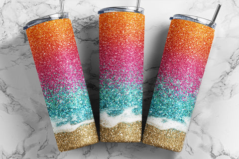20oz Skinny Tumbler Sublimation Design, Sunset Beach Glitter Tumbler Straight/Warped PNG Digital Download Sublimation TumblersByPhill 
