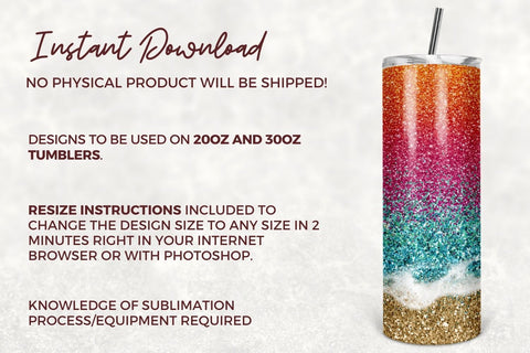 20oz Skinny Tumbler Sublimation Design, Sunset Beach Glitter Tumbler Straight/Warped PNG Digital Download Sublimation TumblersByPhill 