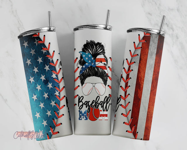20oz Skinny Tumbler Sublimation Designs American Baseball Mom Life Bun Hair for 20 oz & 30 oz Straight/Tapered Tumbler Design - PNG Sublimation CaldwellArt 