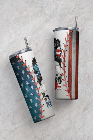20oz Skinny Tumbler Sublimation Designs American Baseball Mom Life Bun Hair for 20 oz & 30 oz Straight/Tapered Tumbler Design - PNG Sublimation CaldwellArt 