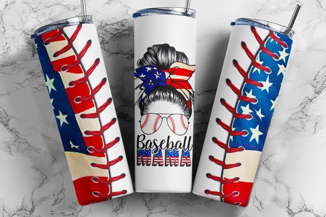20oz Skinny Tumbler Sublimation Designs American Baseball Mom Life Bun Hair for 20 oz & 30 oz Straight/Tapered Tumbler Design - PNG Sublimation TumblersByPhill 