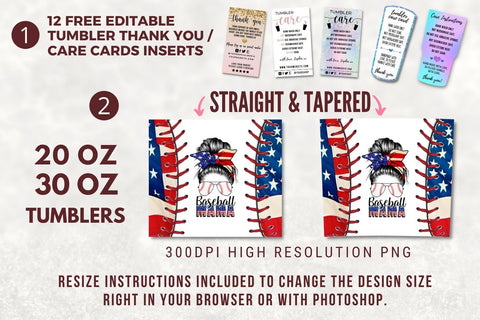 20oz Skinny Tumbler Sublimation Designs American Baseball Mom Life Bun Hair for 20 oz & 30 oz Straight/Tapered Tumbler Design - PNG Sublimation TumblersByPhill 