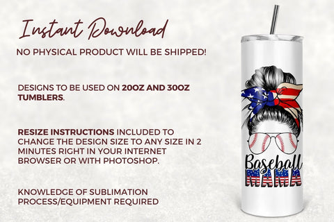 20oz Skinny Tumbler Sublimation Designs American Baseball Mom Life Bun Hair for 20 oz & 30 oz Straight/Tapered Tumbler Design - PNG Sublimation TumblersByPhill 