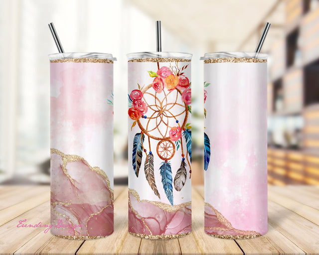 20oz Skinny Tumbler Sublimation Designs Dreamcatcher Marble Tumbler for Straight Tumbler PNG File Digital Download Boho Feathers Sublimation TrendingDesign 