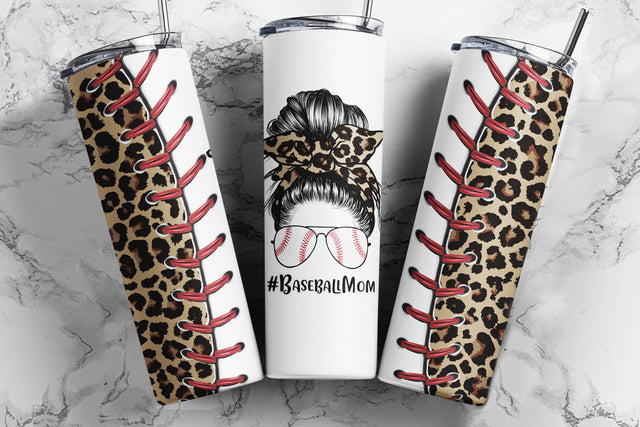 20oz Skinny Tumbler Sublimation Designs Leopard American Baseball Mom Life Bun Hair for Straight/Tapered Tumbler Design - PNG Sublimation TumblersByPhill 