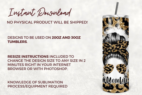 20oz Skinny Tumbler Sublimation Designs Mom Life Gold Glitter Leopard Mom Bun Hair Tumbler for Straight/Tapered 20 oz & 30 oz Tumbler PNG Sublimation TumblersByPhill 