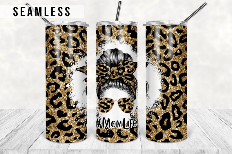 20oz Skinny Tumbler Sublimation Designs Mom Life Gold Glitter Leopard Mom Bun Hair Tumbler for Straight/Tapered 20 oz & 30 oz Tumbler PNG Sublimation TumblersByPhill 
