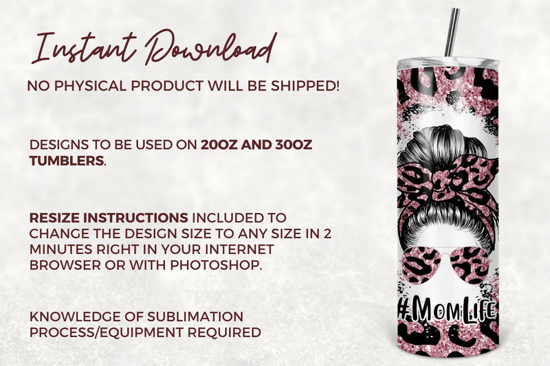 20oz Skinny Tumbler Sublimation Designs Mom Life Pink Glitter Leopard ...