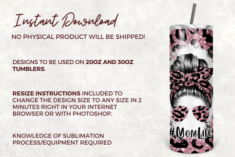 20oz Skinny Tumbler Sublimation Designs Mom Life Pink Glitter Leopard Mom Bun Hair Tumbler for Straight/Tapered 20 oz & 30 oz Tumbler PNG Sublimation TumblersByPhill 