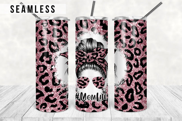 20oz Skinny Tumbler Sublimation Designs Mom Life Pink Glitter Leopard Mom Bun Hair Tumbler for Straight/Tapered 20 oz & 30 oz Tumbler PNG Sublimation TumblersByPhill 