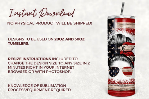 20oz Skinny Tumbler Sublimation Designs Patriotic American Flag Mom Bun Hair Tumbler for Straight/Tapered 20 oz & 30 oz Tumbler Design PNG Sublimation TumblersByPhill 