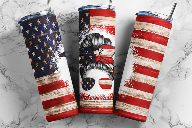 20oz Skinny Tumbler Sublimation Designs Patriotic American Flag Mom Bun Hair Tumbler for Straight/Tapered 20 oz & 30 oz Tumbler Design PNG Sublimation TumblersByPhill 