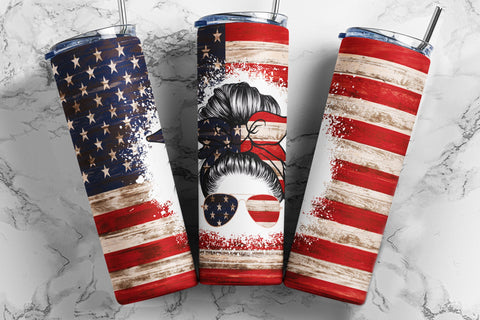20oz Skinny Tumbler Sublimation Designs Patriotic American Flag Mom Bun Hair Tumbler for Straight/Tapered 20 oz & 30 oz Tumbler Design PNG Sublimation TumblersByPhill 