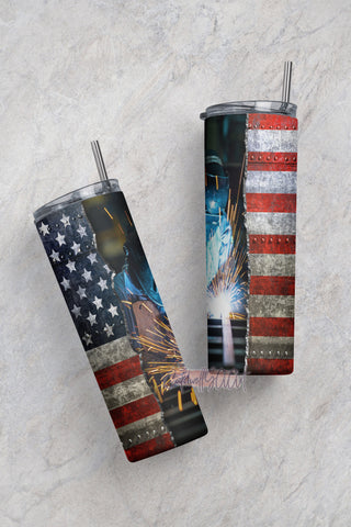 20oz Skinny Tumbler Sublimation Designs PNG, Patriotic American Welder for Straight/Tapered Tumbler PNG Sublimation CaldwellArt 